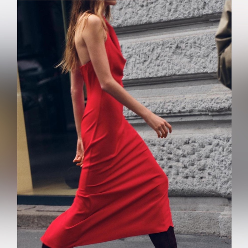 Zara Red Cowl Neck Backless Evening Dress size Large like new